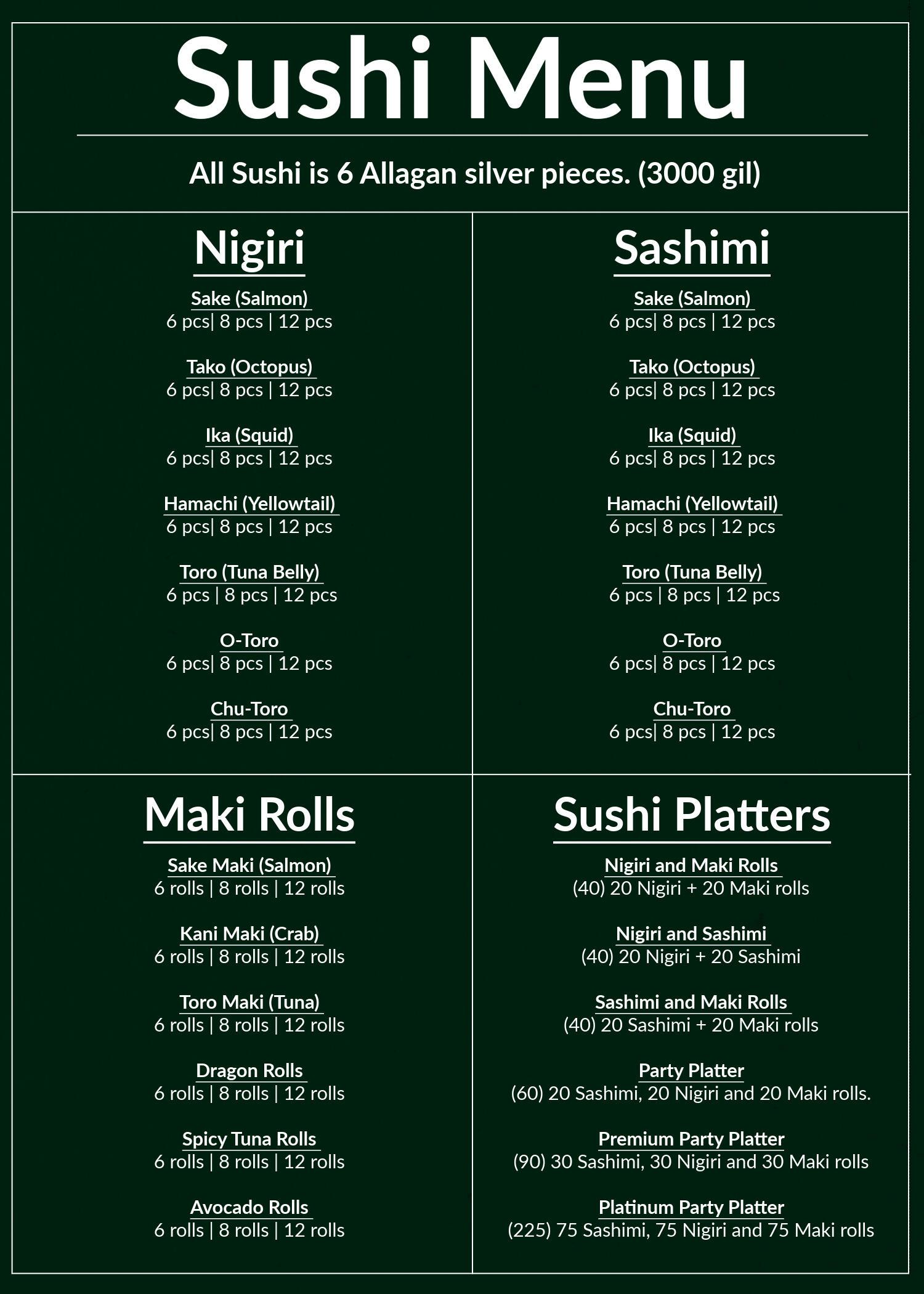 Sushi Menu