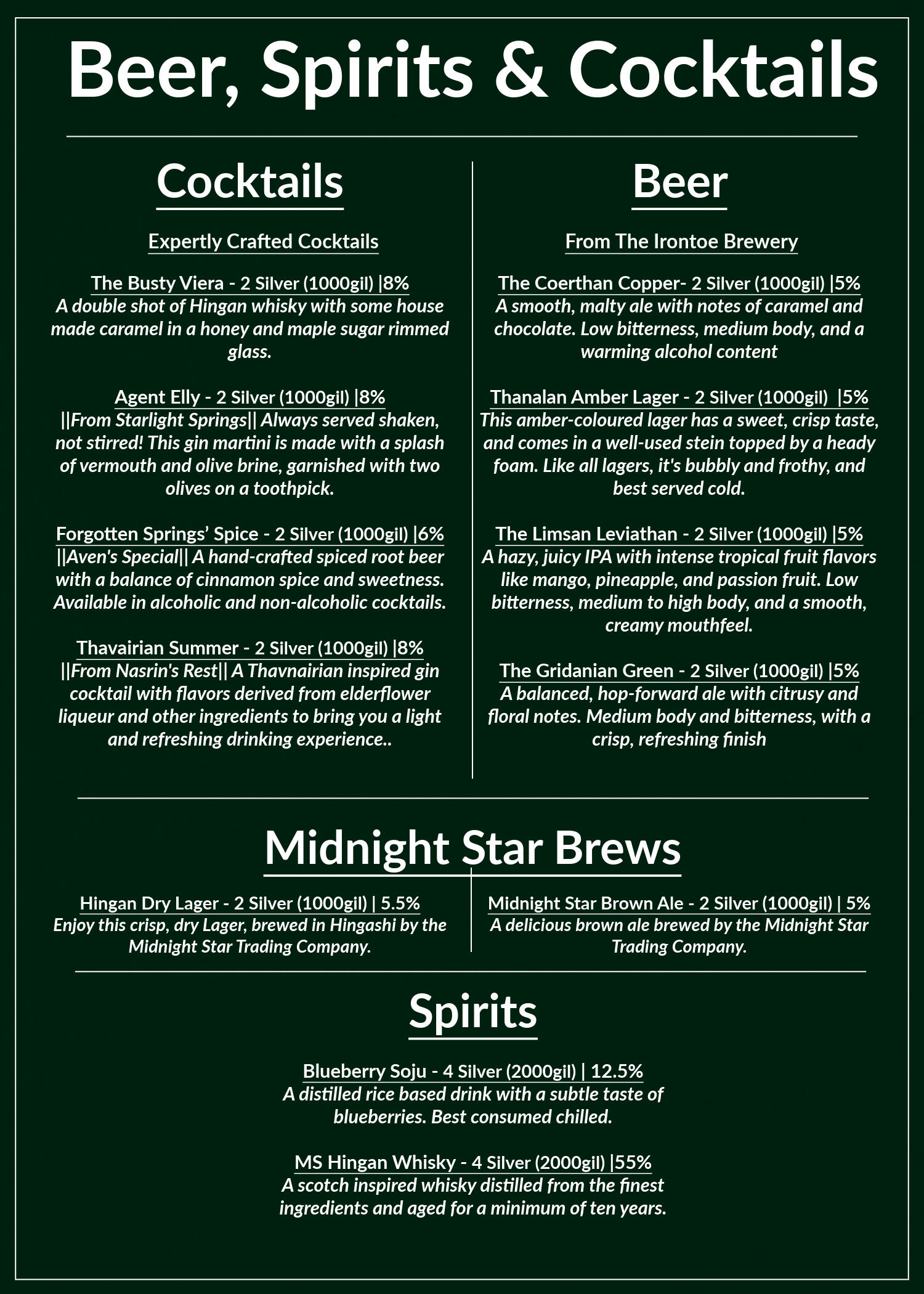 Beer, Spirits, and Cocktails