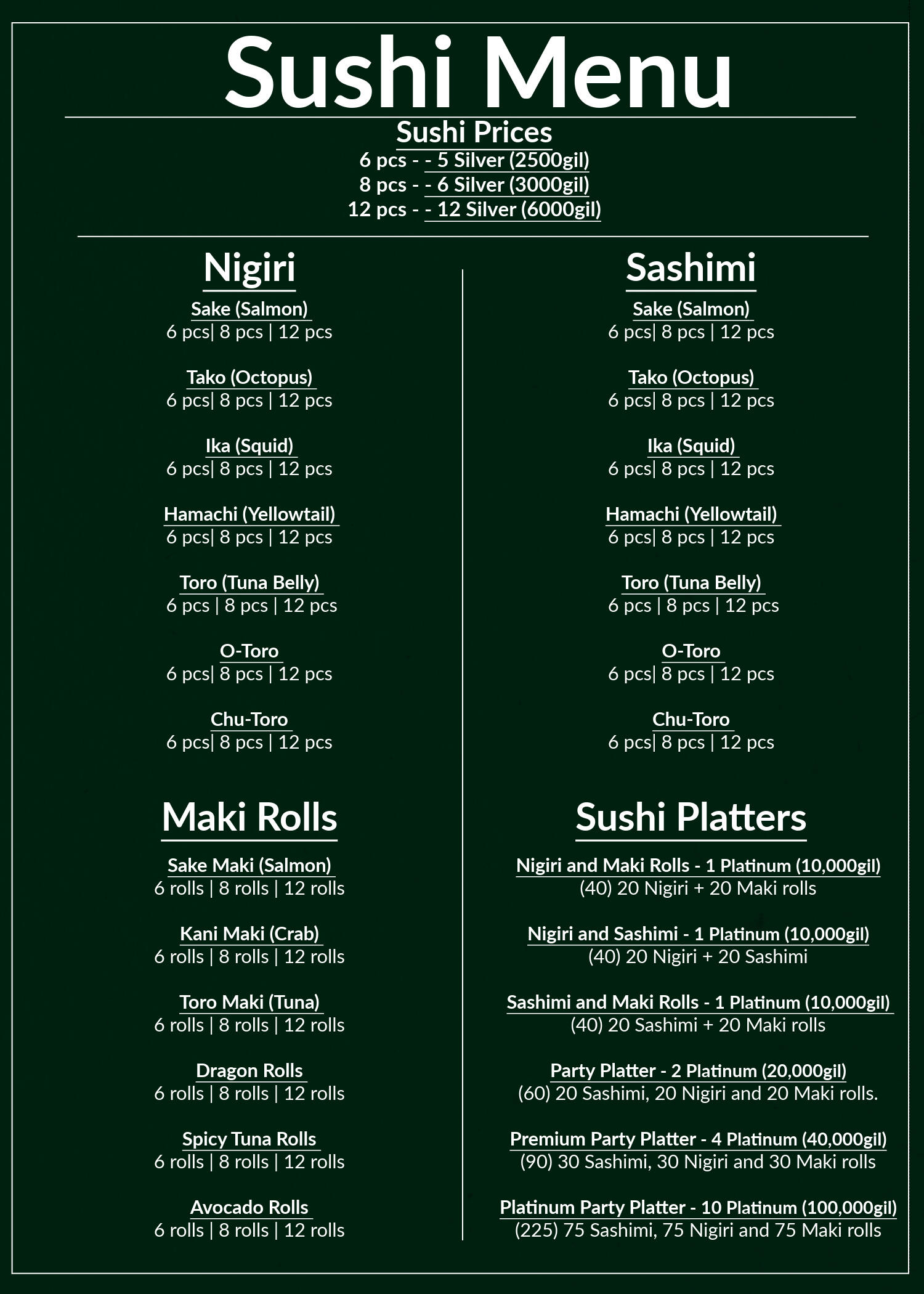 Sushi Menu