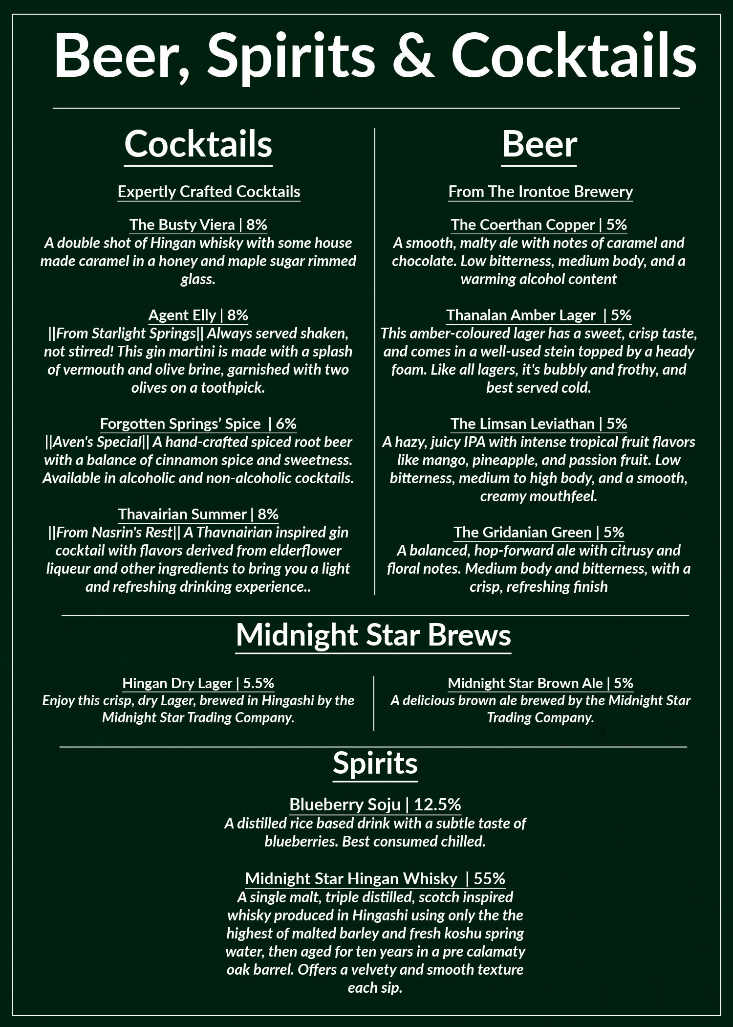 Beer, Spirits, and Cocktails